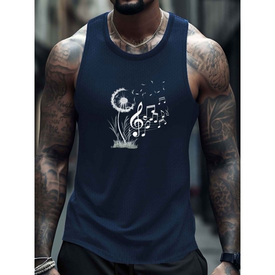 Men'S Dandelion Musical Notes Graphic Tank Top, Quick Dry Mesh Polyester Sports Shirt, Crew Neck, Regular Fit, Geometric Pattern, Slight Stretch, with Knit Fabric for Summer Wear Men'S Dandelion Musical Notes Graphic Tank Top, Quick Dry Mesh Polyester Sports Shirt, Crew Neck, Regular Fit, Geometric Pattern, Slight Stretch, with Knit Fabric for Summer Wear