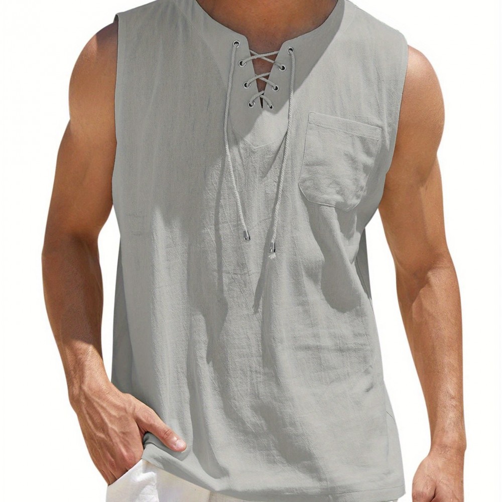 Men'S Cotton Linen Tank Top, Casual Sleeveless Lace Up Beach Hippie Tops, Bohemian Renaissance Pirate Tunic, Crew Neck, Printed Pattern, Non-Stretch Knit Fabric, Regular Fit, for Summer Sports Vest Men'S Cotton Linen Tank Top, Casual Sleeveless Lace Up Beach Hippie Tops, Bohemian Renaissance Pirate Tunic, Crew Neck, Printed Pattern, Non-Stretch Knit Fabric, Regular Fit, for Summer Sports Vest